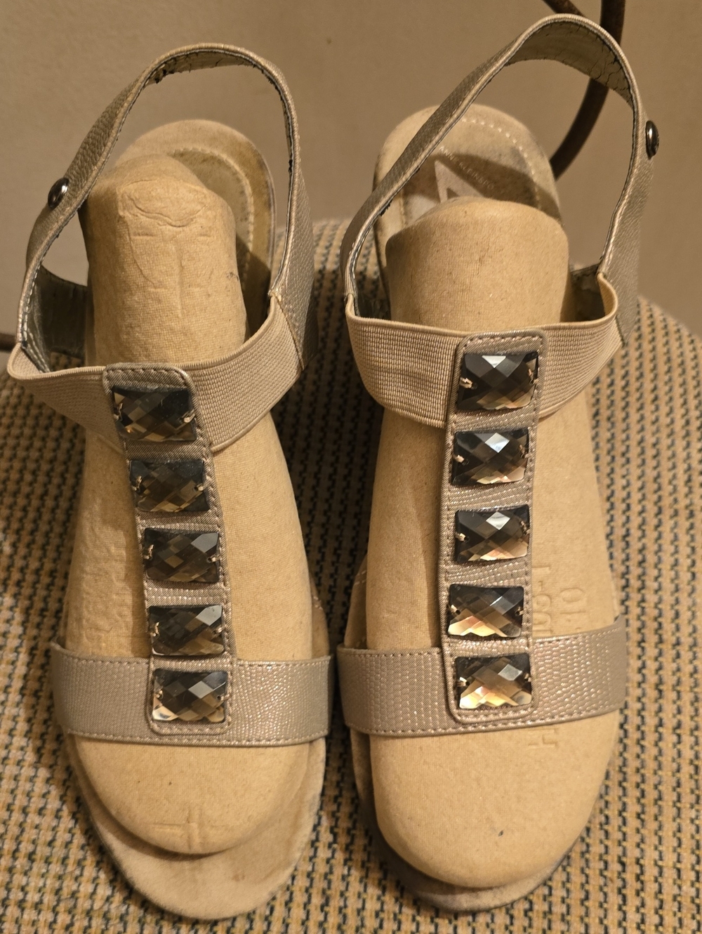 Women’s Embellished T-Strap Sandals in Champagne